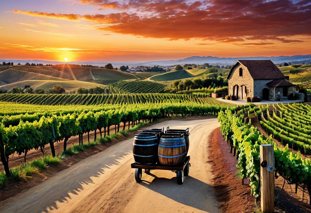 A vineyard landscape with rolling hills, abundant grapevines, and a winding path leading to a rustic wine cellar. Include a wooden cart filled with wine bottles and barrels set against a backdrop of a sunset. Emphasize the elements of logistics with hints of shipping crates and a map overlay subtly integrated into the sky. Evoke a sense of adventure and sophistication in wine distribution. vibrant colors. painting.