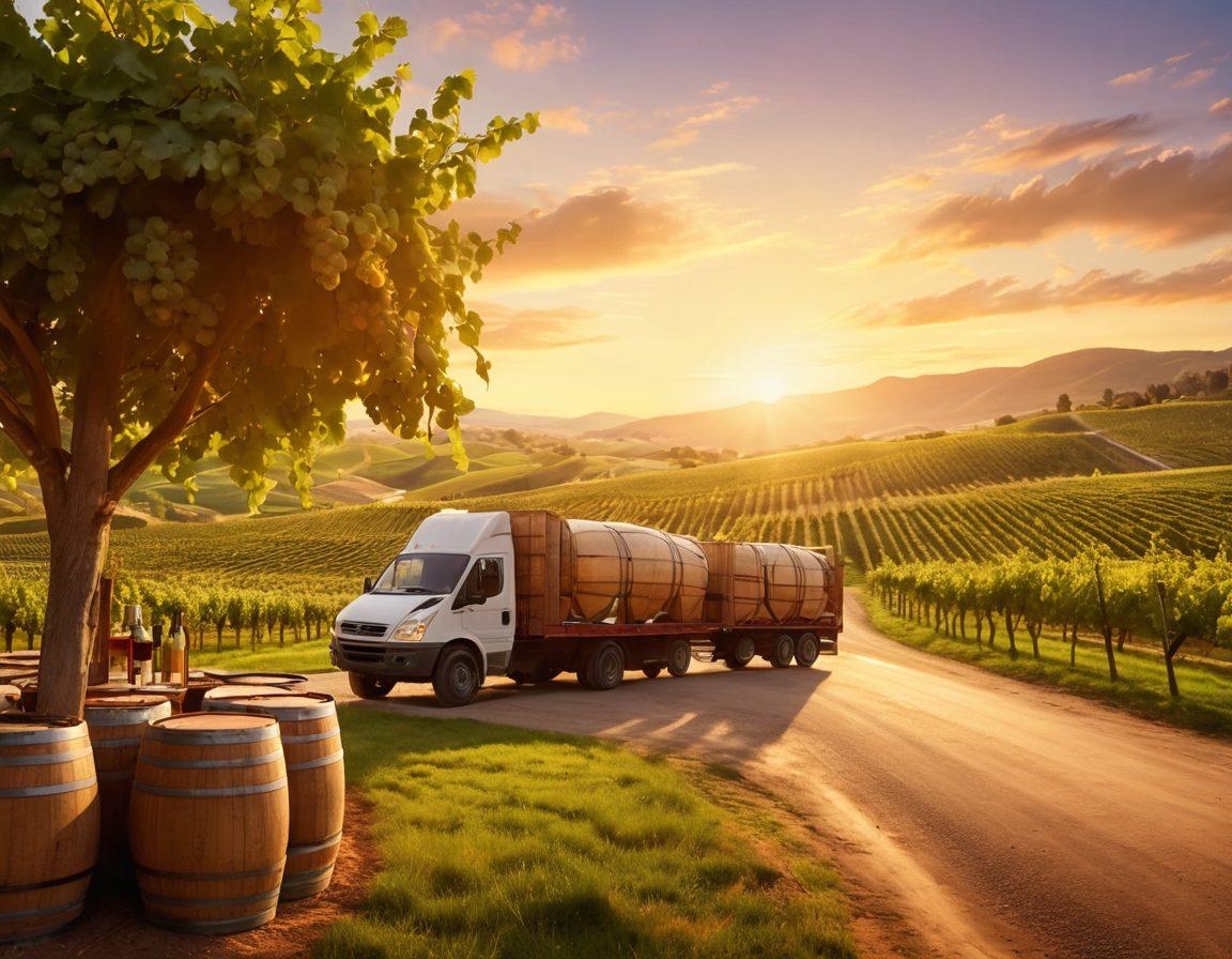 A picturesque vineyard at sunset with rolling hills, showcasing barrels of wine and delivery trucks on a well-organized supply chain route. Lush grapevines and a warm glow to evoke the essence of wine production and distribution. Include subtle elements like delivery schedules and bottles being loaded for shipping. super-realistic. vibrant colors. soft background blur.