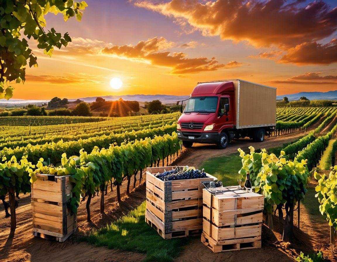 An elegant vineyard landscape showcasing lush grapevines under a golden sunset, with wooden crates of wine elegantly stacked nearby. A wine delivery truck in the distance is preparing for departure, symbolizing the journey from import to delivery. Include elements of quality control, such as a sommelier inspecting bottles with a magnifying glass. The scene should evoke a sense of sophistication and care in wine logistics. vibrant colors, super-realistic.